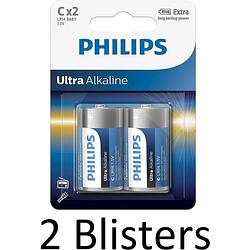 Foto van 4 stuks (2 blisters a 2 st) philips ultra alkalline c batterijen