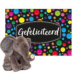 Foto van Keel toys - cadeaukaart gefeliciteerd met knuffeldier olifant 35 cm - knuffeldier