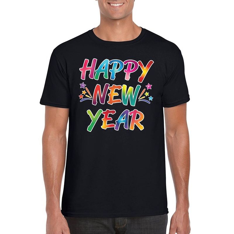 Foto van Gekleurde happy new year t-shirt zwart voor heren s - feestshirts