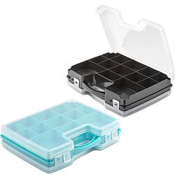 Foto van Forte plastics - 4x opberg vakjes doos/sorteerbox - 21-vaks kunststof - 28 x 21 x 6 cm - zwart/blauw - opbergbox