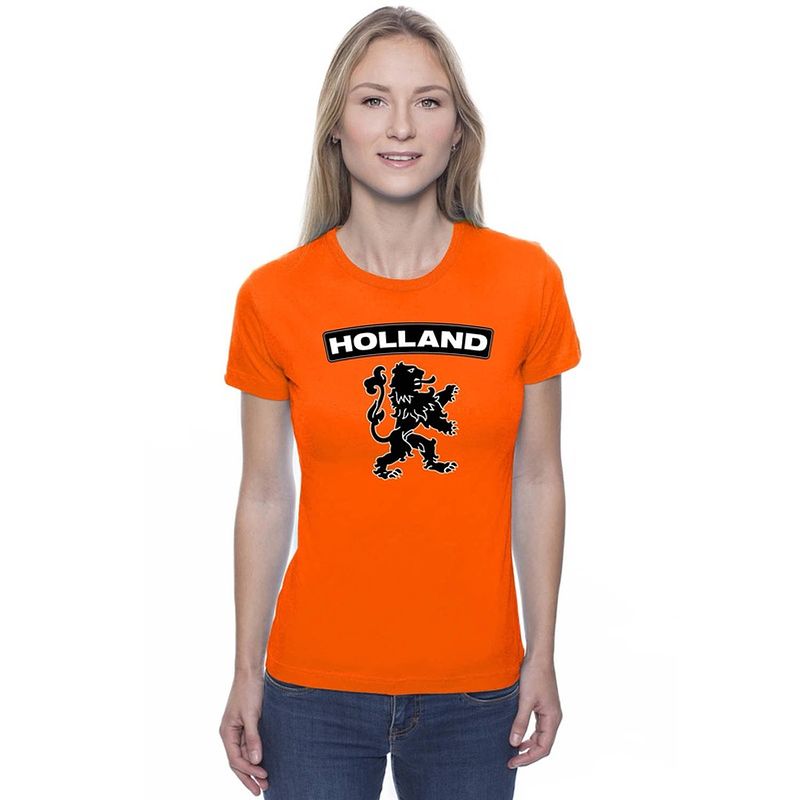 Foto van Oranje holland supporter shirt met zwarte leeuw dames - oranje fan/ supporter kleding s