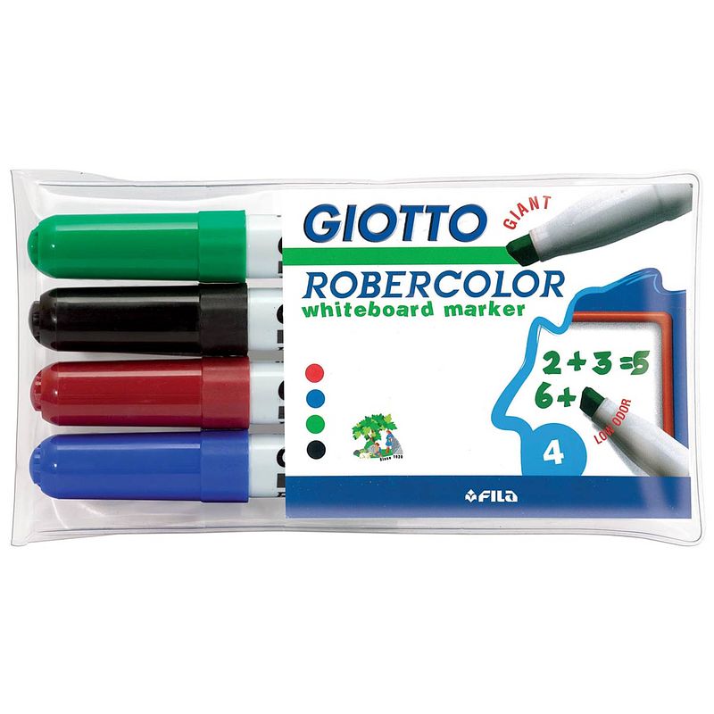 Foto van Giotto robercolor whiteboardmarker maxi, schuine punt, etui met 4 stuks in geassorteerde kleuren 20 stuks