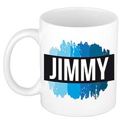 Foto van Naam cadeau mok / beker jimmy met blauwe verfstrepen 300 ml - naam mokken