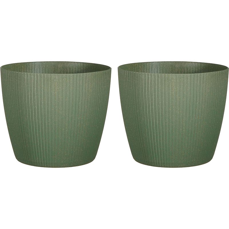 Foto van Set van 2x stuks plantenpot/bloempot kunststof donkergroen ribbels patroon - d26/h26 cm - plantenpotten