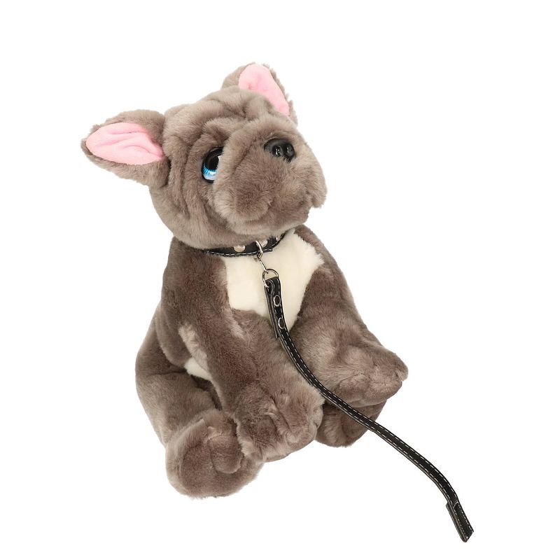 Foto van Keel toys pluche hond grijs/witte franse bulldog met riem knuffel 30cm - knuffel huisdieren