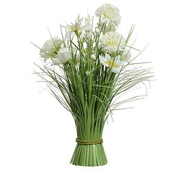 Foto van Kunstplant gras narcissen en hortensia - groen - wit - 16 x 40 cm - kunstplanten