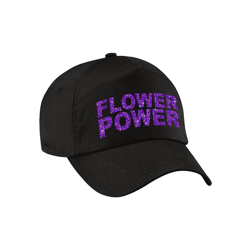 Foto van Paarse glitter letters flower power verkleed pet/cap zwart volwassenen - verkleedhoofddeksels