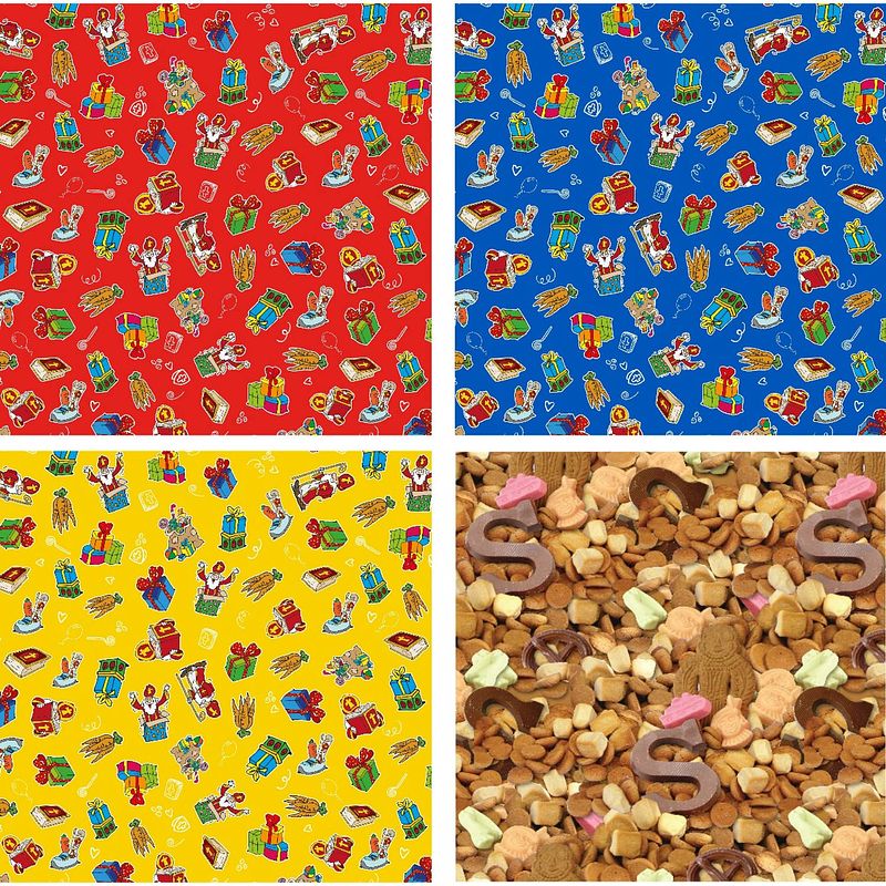 Foto van Assortiment 13 sinterklaasinpakpapier cadeaupapier - 200 x 70 cm - 6 rollen