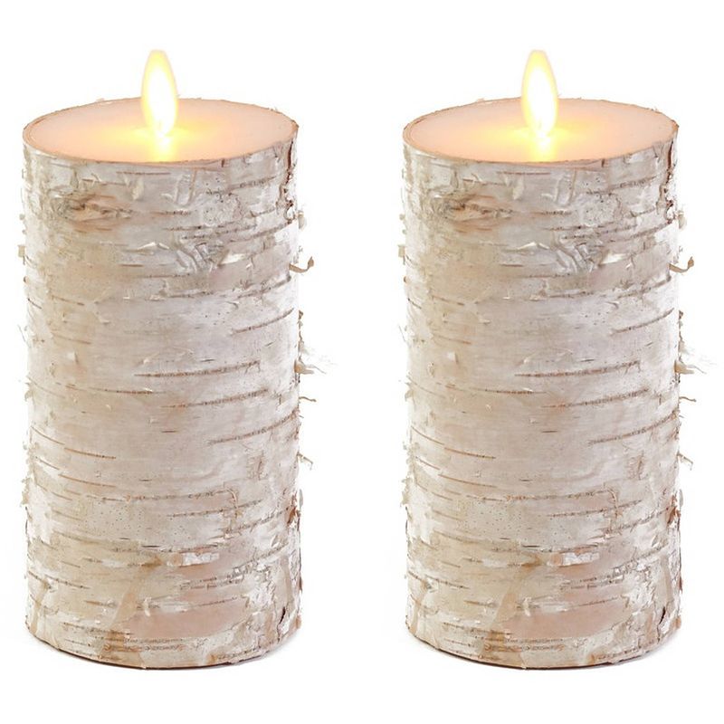 Foto van 2x witte berkenhout kleur led kaarsen / stompkaarsen 15 cm - led kaarsen