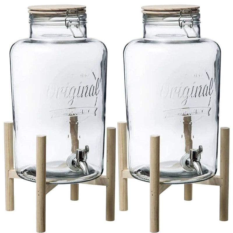 Foto van 2x stuks - glazen drank dispenser - 8 liter - metalen kraantje en houder - drankdispensers