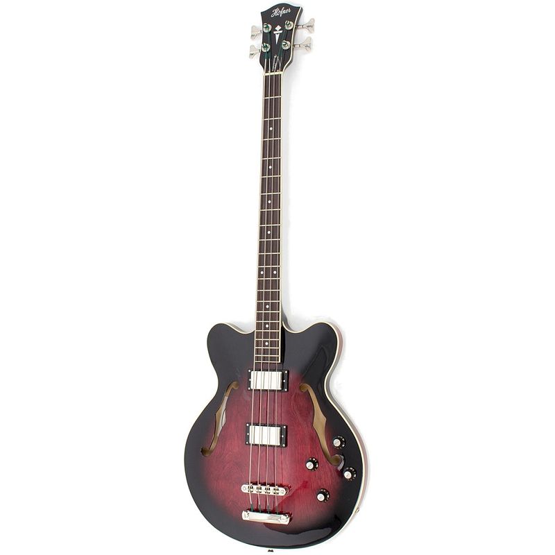 Foto van Hofner hct-500/8 verythin ct long scale bass dark cherry transparent semi-akoestische basgitaar