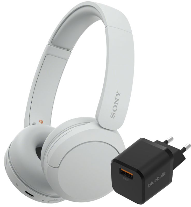 Foto van Sony wh-ch520 wit + bluebuilt quick charge oplader met usb a poort 18w zwart