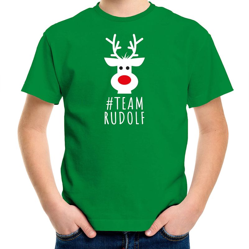 Foto van Bellatio decorations kerst t-shirt voor kinderen - team rudolf - groen xl (164-176) - kerst t-shirts kind