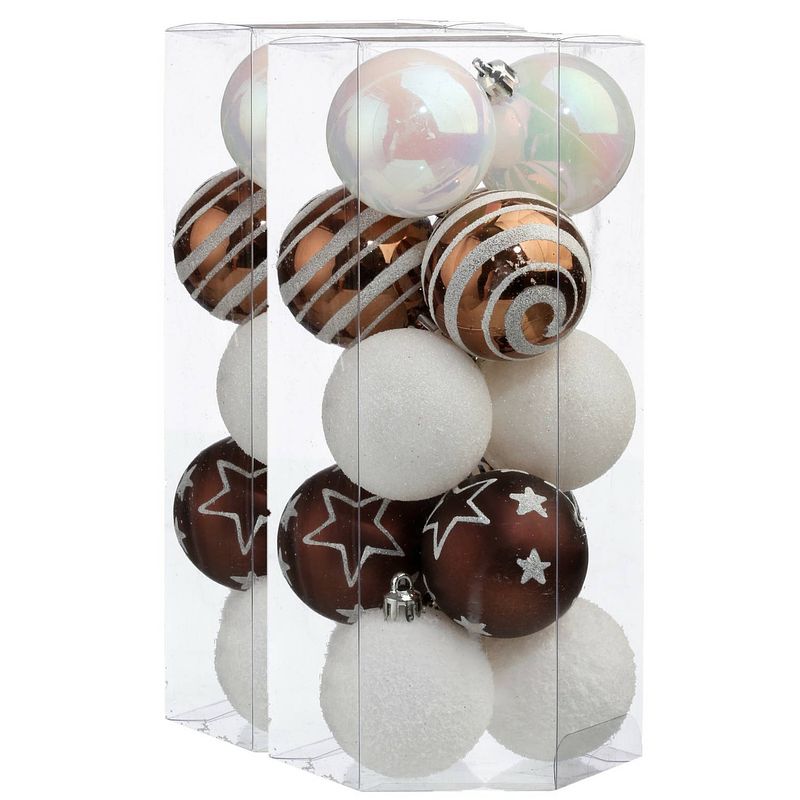 Foto van 30x stuks kerstballen mix wit/bruin gedecoreerd kunststof 5 cm - kerstbal