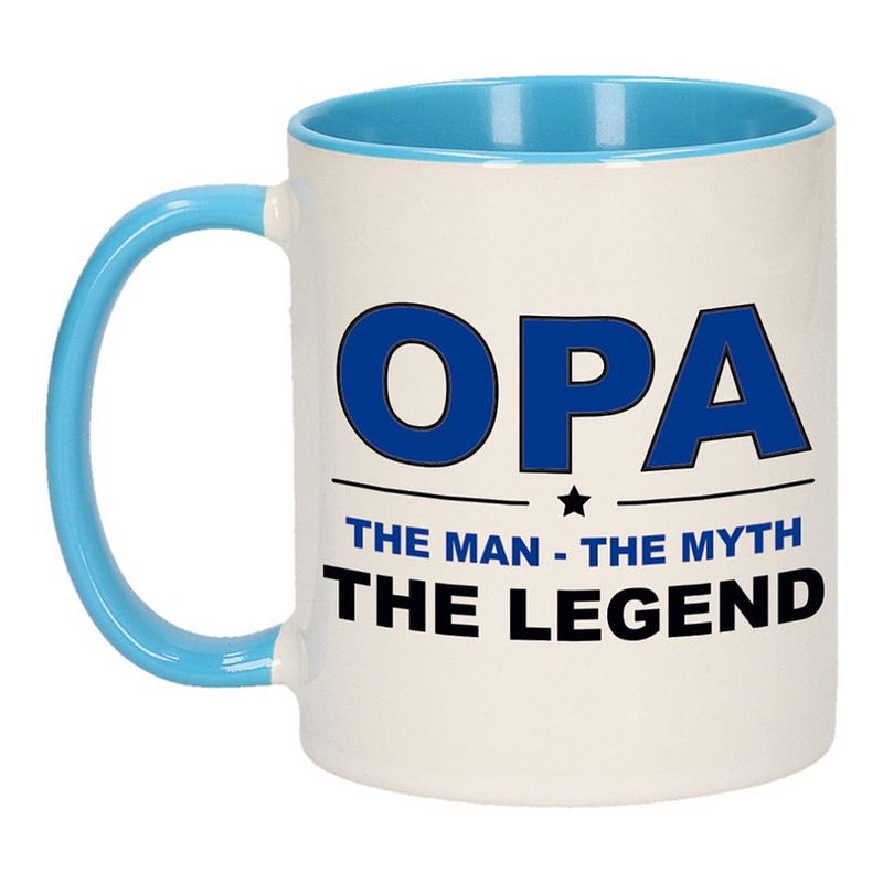 Foto van Opa the legend cadeau mok / beker wit en blauw 300 ml - feest mokken