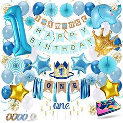 Foto van Fissaly® baby 1 jaar verjaardag versiering jongen xxl - happy birthday kind decoratie incl. ballonnen - blauw