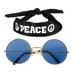 Foto van Hippie flower power verkleedset hoofdband met ronde glazen bril blauw - verkleedhoofddeksels