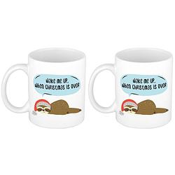 Foto van Set van 2x stuks wake me up when christmas is over kerstcadeau koffiemokken luiaard kerstmis 300 ml - bekers