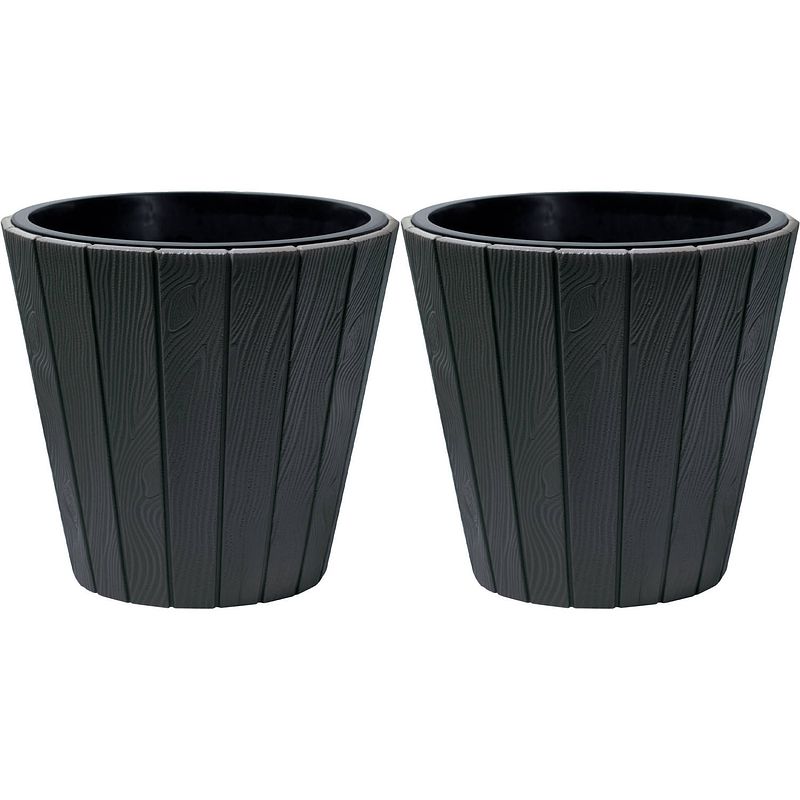 Foto van Prosperplast plantenpot/bloempot wood style - 2x - buiten/binnen - kunststof - antraciet - d30 x h28 cm - plantenpotten