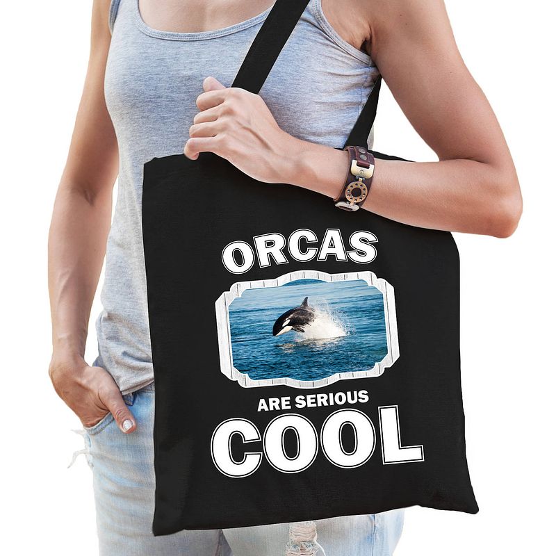 Foto van Dieren orka tasje zwart volwassenen en kinderen - orcas are cool cadeau boodschappentasje - feest boodschappentassen