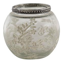 Foto van Clayre & eef glazen theelichthouder ø 10*9 cm wit glas, metaal rond bloemen waxinelichthouder windlichthouder wit