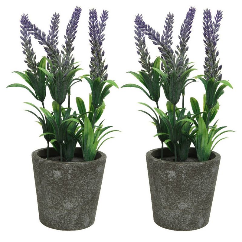 Foto van Set van 2x groen/paarse lavender/lavendel kunstplanten 27 cm in pot - kunstplanten