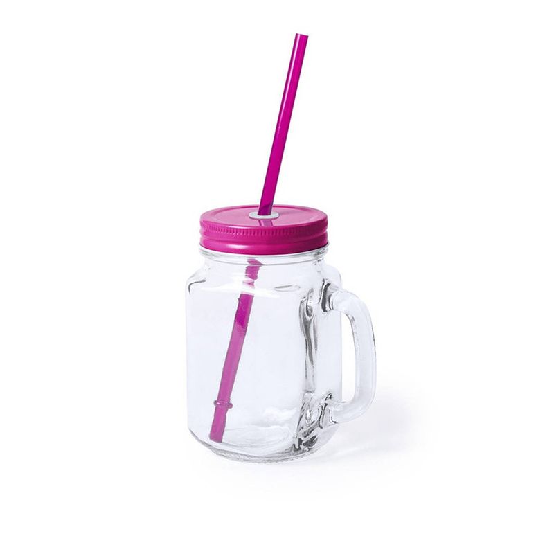 Foto van 1x stuks glazen mason jar drinkbekers roze dop en rietje 500 ml - drinkbekers