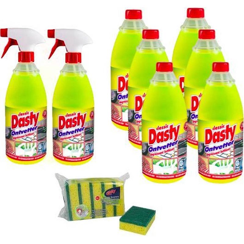 Foto van Dasty ontvetter pack: 2x spuitfles + 6x navulling + gratis set van 5x schuursponzen en 1x schoonmaakhandschoenen