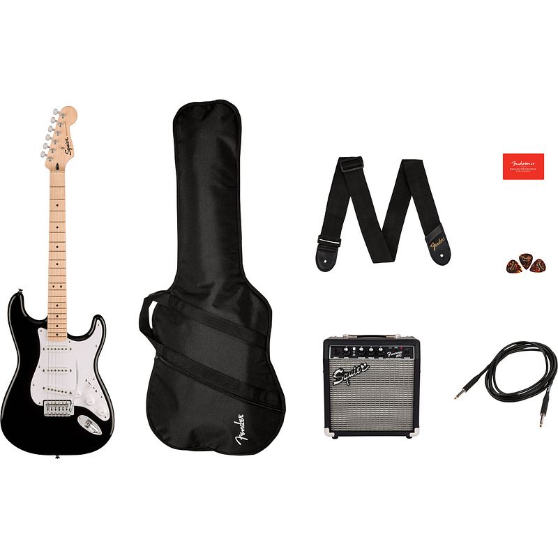 Foto van Squier sonic stratocaster pack mn black elektrische gitaar starterset