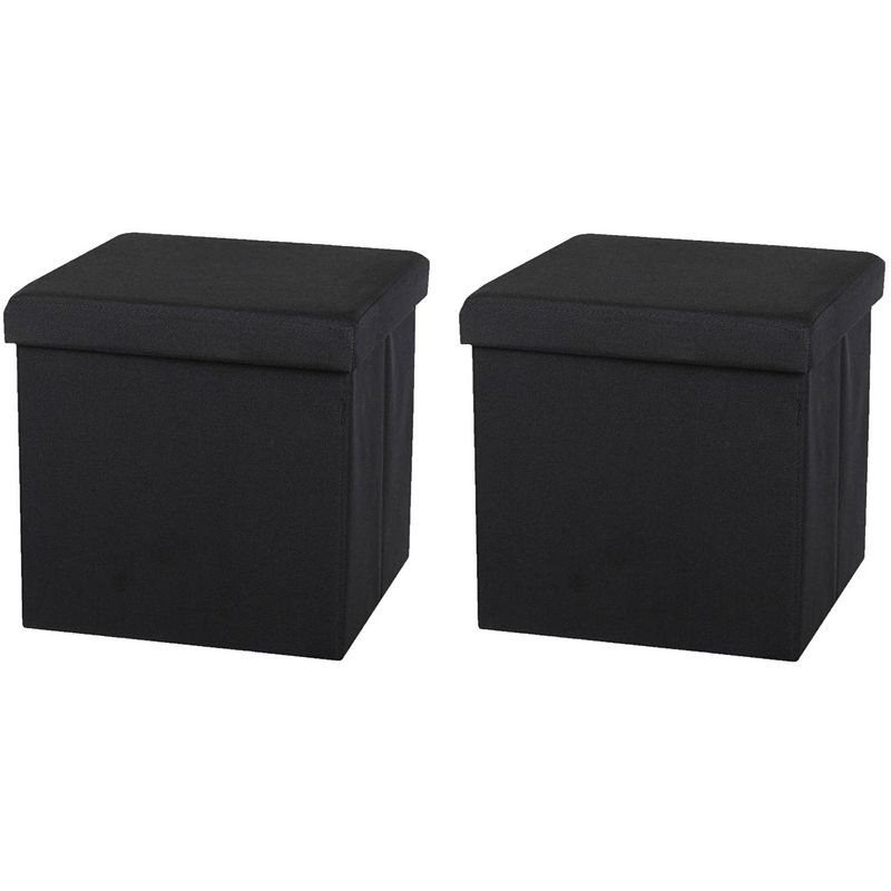 Foto van Urban living poef/hocker - 2x - opbergbox zit krukje - zwart - linnen/mdf - 37 x 37 cm - opvouwbaar - poefs