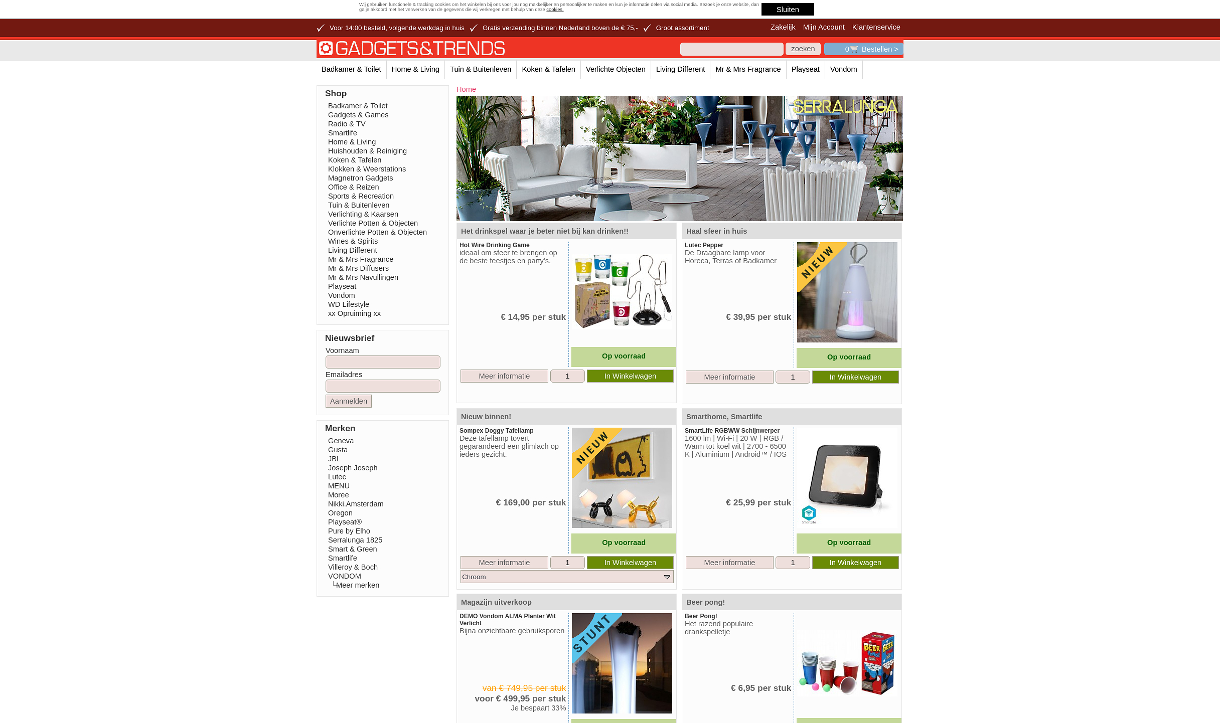 Screenshot van de webshop Gadgets en trends