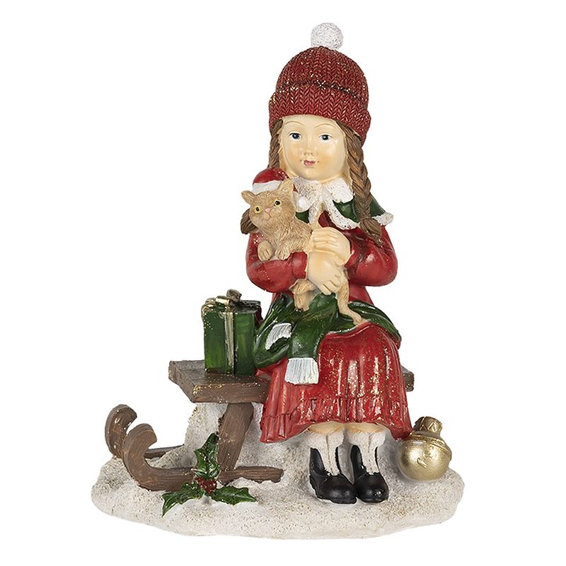 Foto van Clayre & eef kerstdecoratie beeld kind 14*9*18 cm rood groen kunststof decoratief figuur decoratieve accessoires