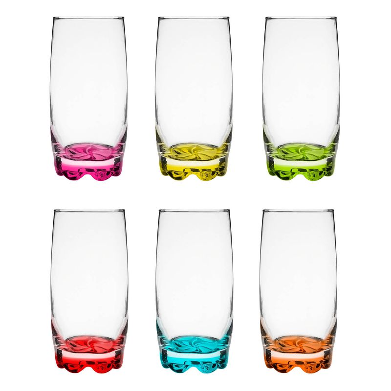 Foto van Glasmark longdrink/waterglazen tumblers - glas - gekleurde basis - 6x stuks - 350 ml - longdrinkglazen