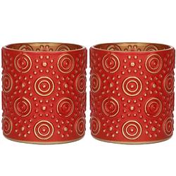 Foto van 2x stuks luxe theelichthouder/kaarsenhouder - rood/goud - glas - d7 x h8 cm - windlichten