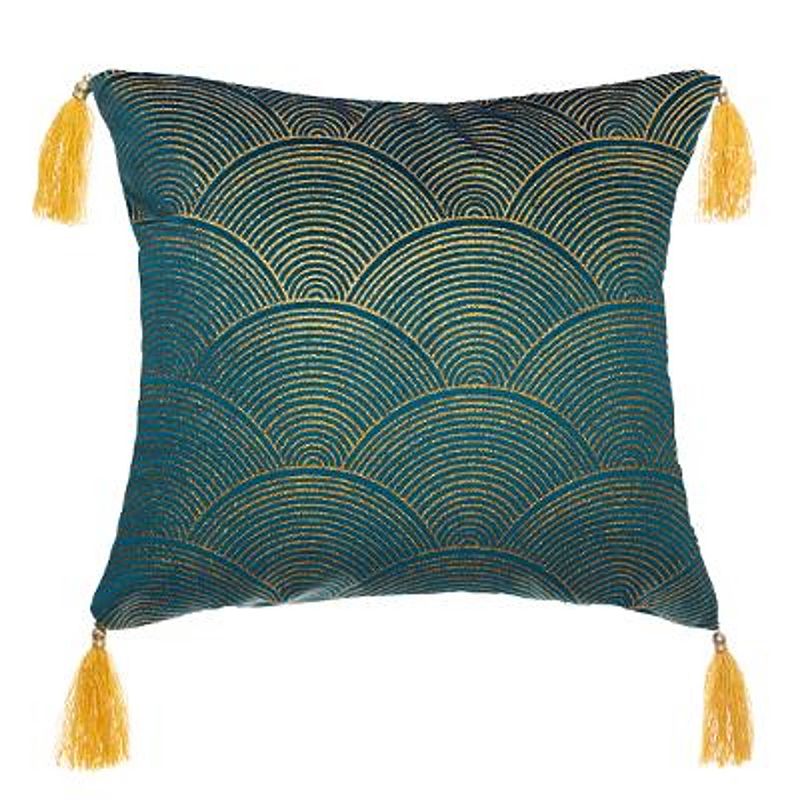 Foto van Casa di elturo sierkussen velvet pauw met kwastjes - blauw - goud - 40 x 40 cm (incl. vulling)