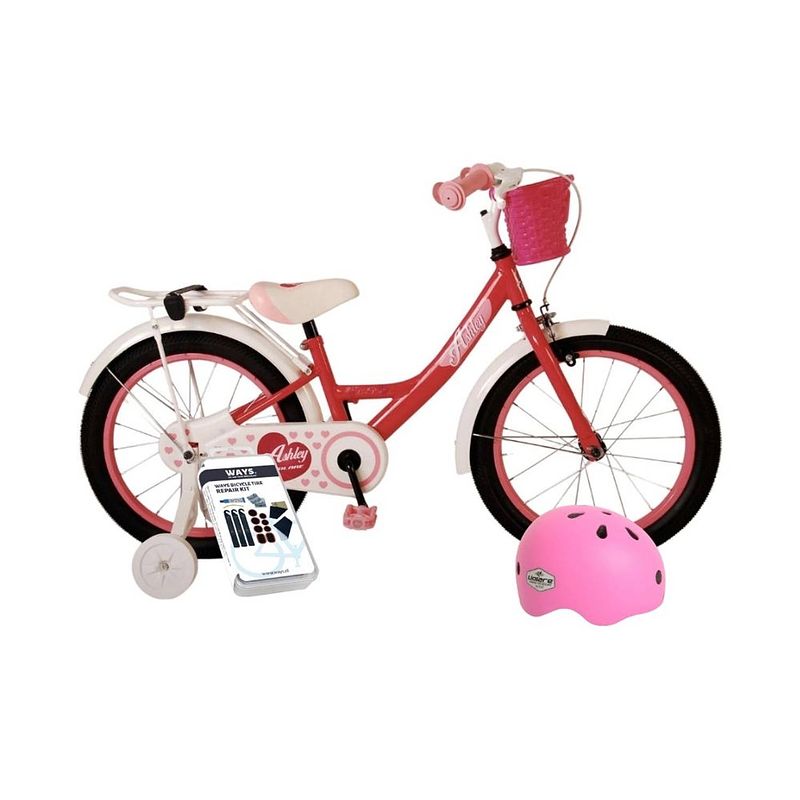 Foto van Volare kinderfiets ashley - 18 inch - roze/rood - met fietshelm en accessoires