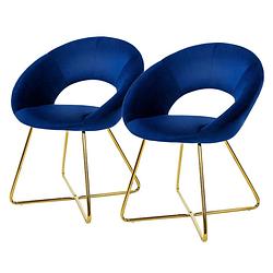 Foto van Ml-design eetkamerstoelen set van 2 blauw fluweel, woonkamerstoel met ronde rugleuning gestoffeerde met goudkleurige