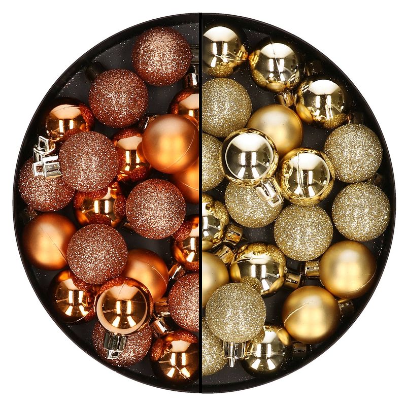 Foto van 40x stuks kleine kunststof kerstballen koper en goud 3 cm - kerstbal