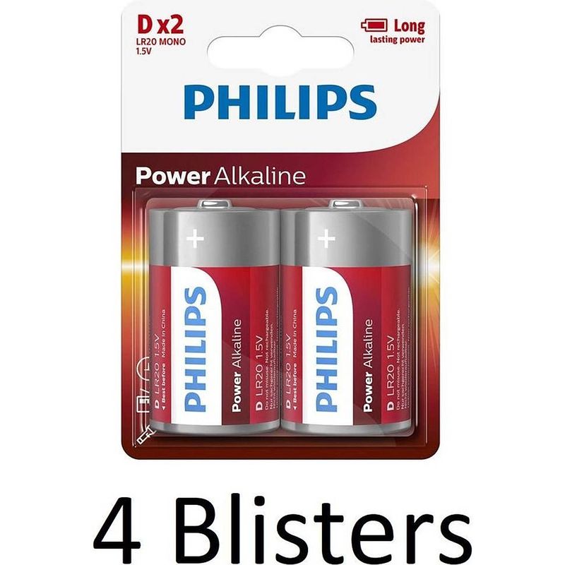 Foto van 8 stuks (4 blisters a 2 st) philips power alkaline d batterijen