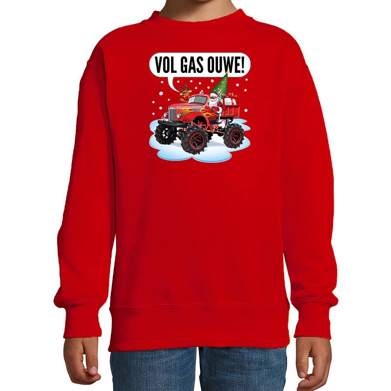 Foto van Bellatio decorations kersttrui/sweater voor kinderen - monstertruck - rood 12-13 jaar (152/164) - kerst truien kind