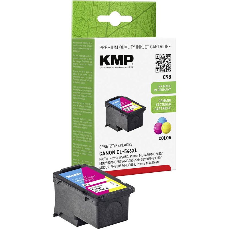 Foto van Kmp inkt vervangt canon cl-546xl compatibel cyaan, magenta, geel c98 1563,4030