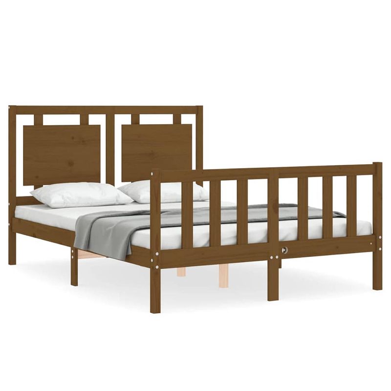 Foto van The living store bed massief grenenhout - 195.5 x 125.5 x 100 cm - multiplex lattenbodem - honingbruin - 4ft small