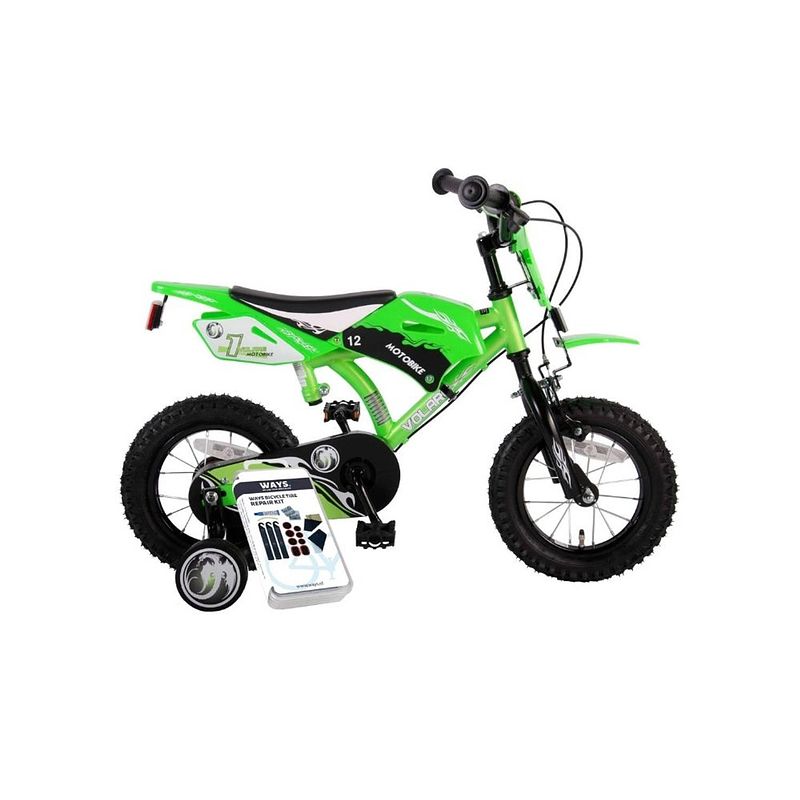 Foto van Volare kinderfiets motorbike - 12 inch - groen - twee handremmen - inclusief ways bandenplakset