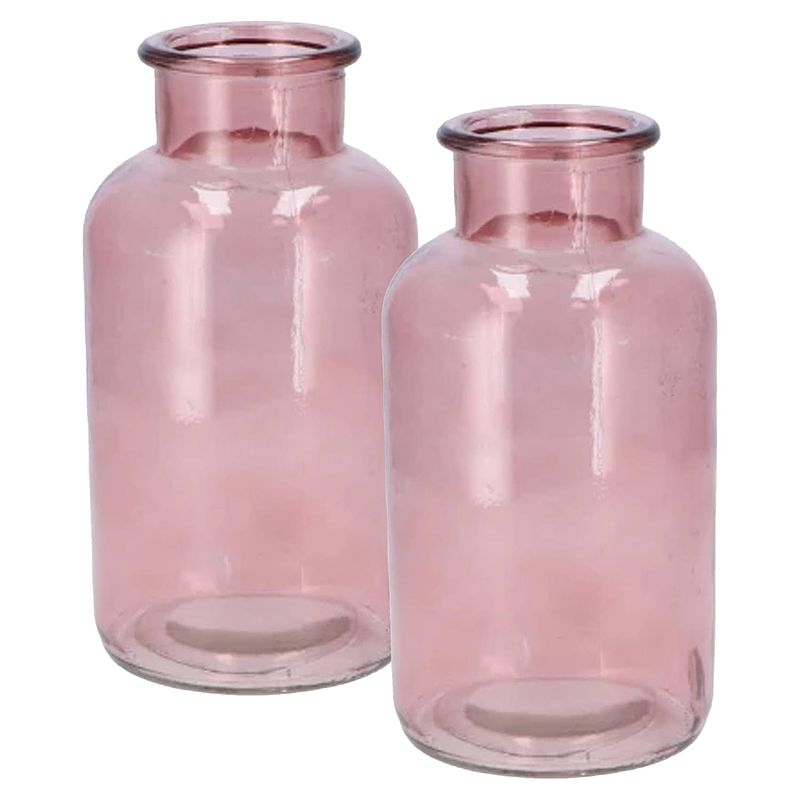 Foto van Dk design bloemenvaas melkbus fles - 2x - helder glas oudroze - d10 x h20 cm - vazen