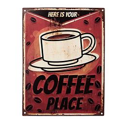 Foto van Clayre & eef tekstbord 25x33 cm rood ijzer kop koffie here is your coffee place wandbord spreuk wandplaat rood wandbord