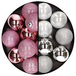 Foto van 24x stuks kunststof kerstballen mix van roze en zilver 6 cm - kerstbal