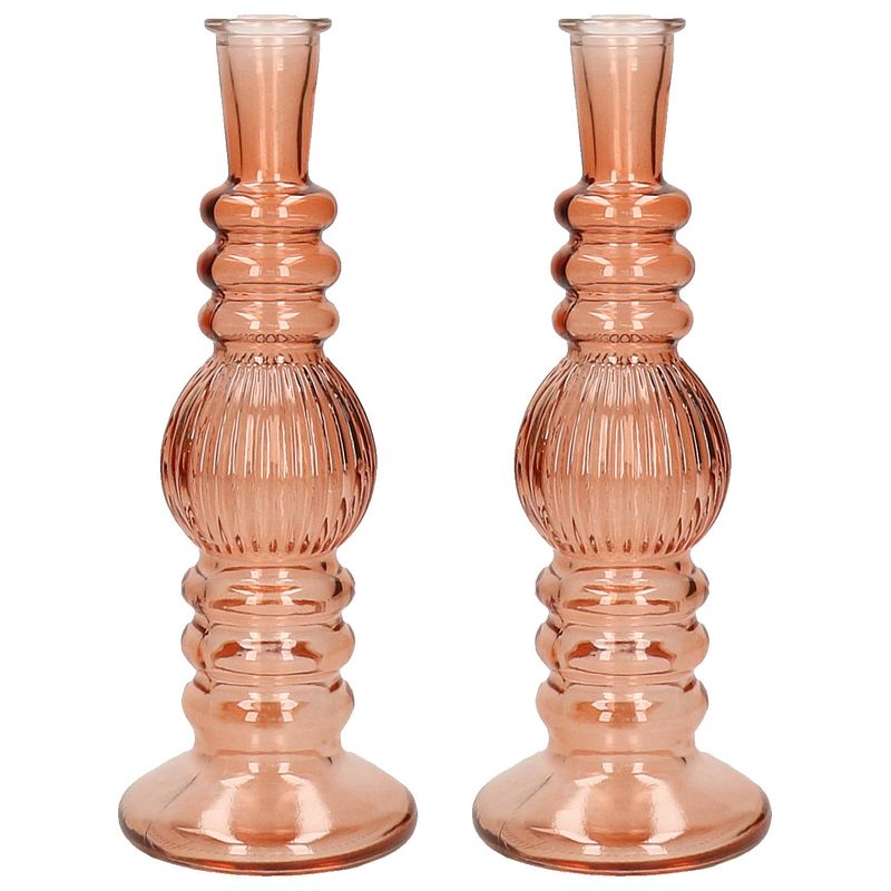 Foto van Ideas 4 seasons bloemenvaas florence - 2x - oranje glas - ribbel - d8,5 x h23 cm - vazen