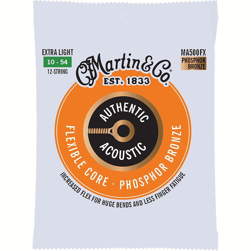 Foto van Martin strings ma500fx flexible core phosphor bronze extra light 10-54 snarenset voor 12-snarige westerngitaar