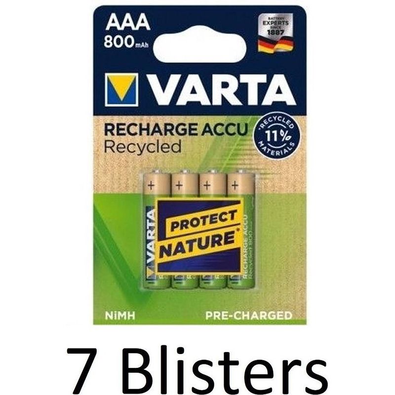 Foto van 28 stuks (7 blisters a 4 st) varta recharge accu recycled aaa oplaadbare batterijen 800 mah