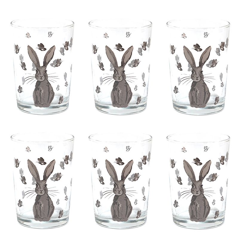 Foto van Haes deco - set van 6 waterglazen - ø 8x12 cm / 400 ml - glas - rustic easter bunny